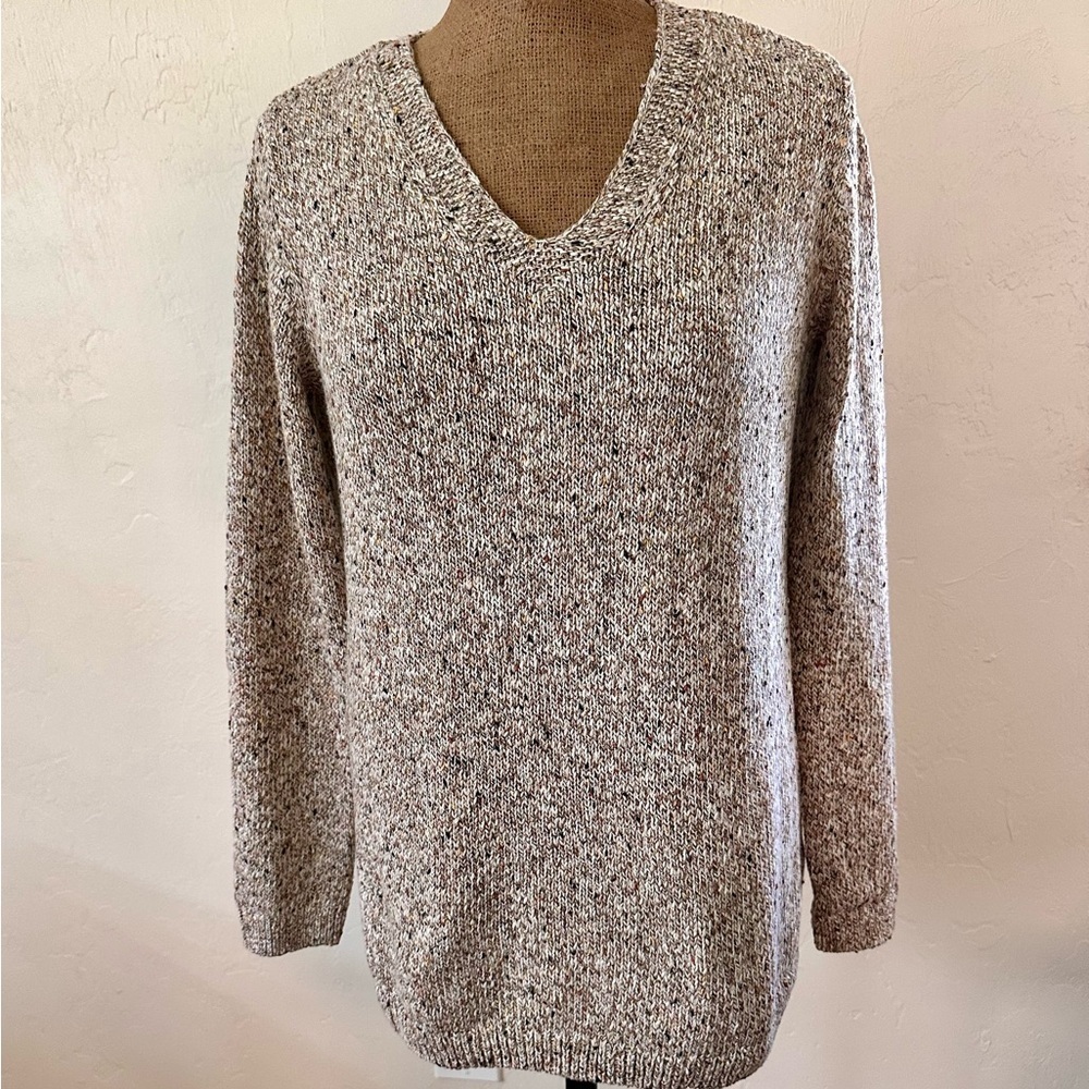 J. Jill Textured V-Neck Taupe Cream Long Sleeve Ribbed Trim Cotton Sweater Small